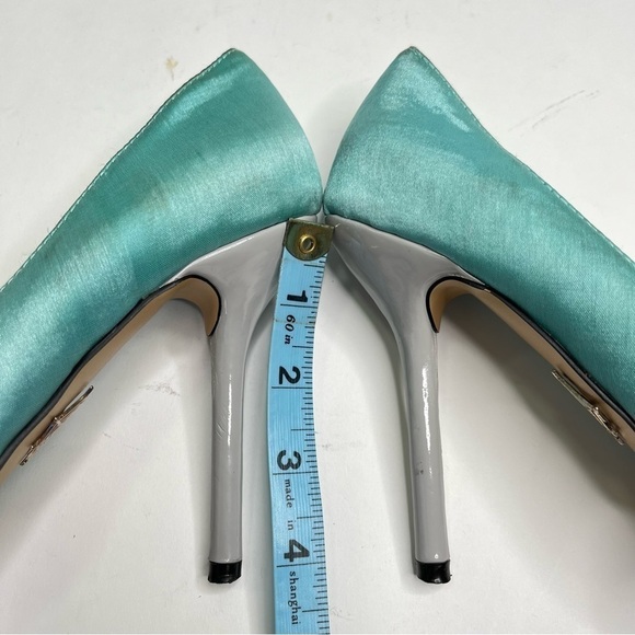 CHARLOTTE OLYMPIA Teal Aquamarine Satin Pointed-Toe Platform Grey Pumps Heels - Picture 12 of 12